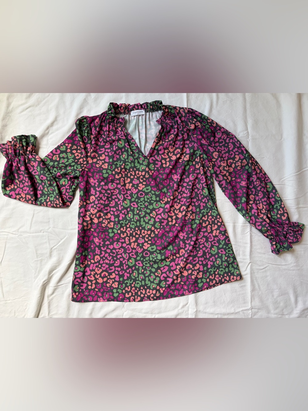First Love Pink & Green Leopard Print V-Neck Blouse